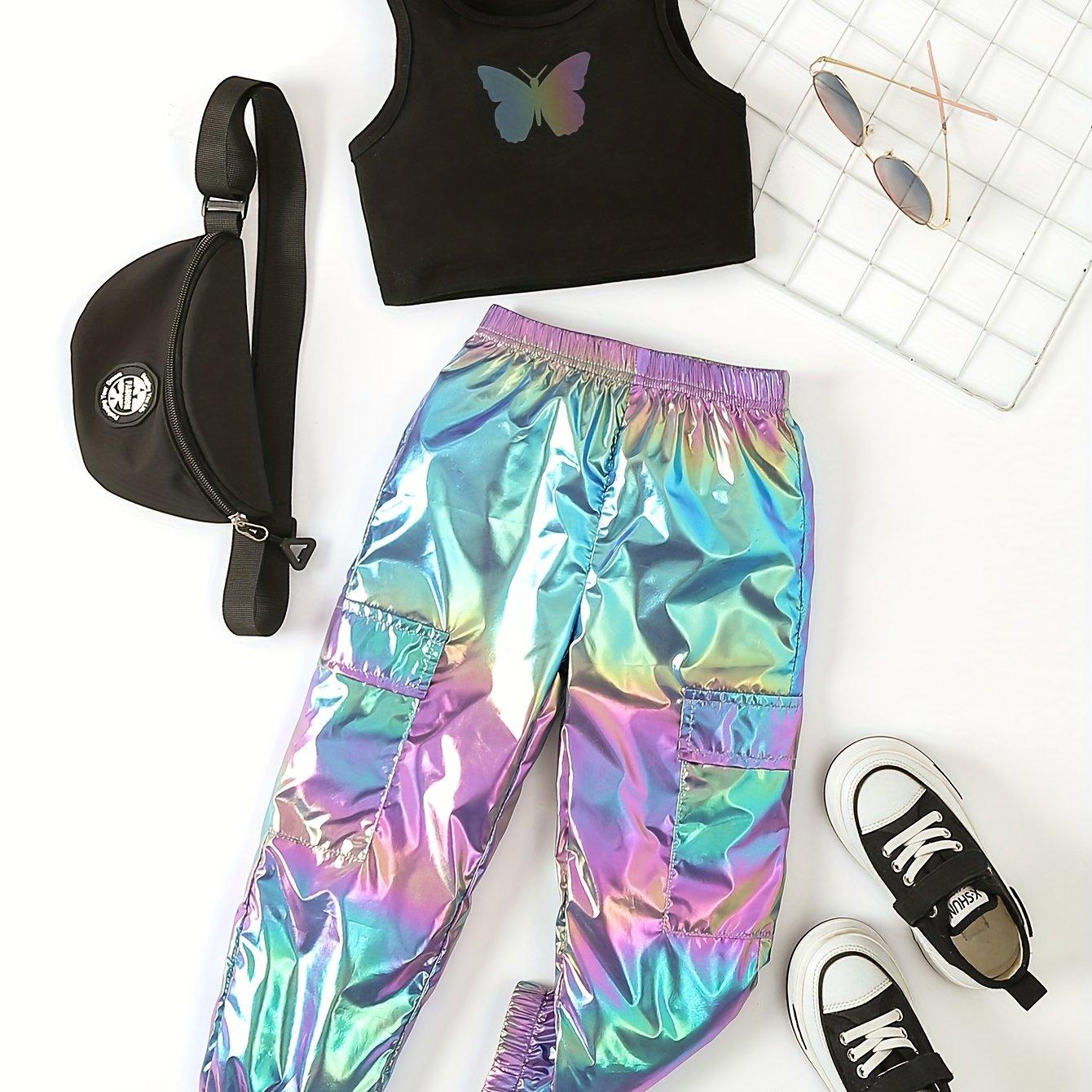 TEMU Girls' Trousers Suit Two-piece Spring And Summer Fashion Trend Colorful Luminous Trousers Suit Girls Spring And Summer Luminous Print Short Vest + Trousers Two-piece Set, For Outdoor