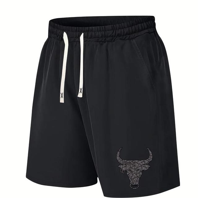 TEMU Men's Casual Black Polyester Shorts With Drawstring Waist - Geometric , Lightweight & Breathable, Outdoor Activities, Outdoor Shorts||stretchable Fabric
