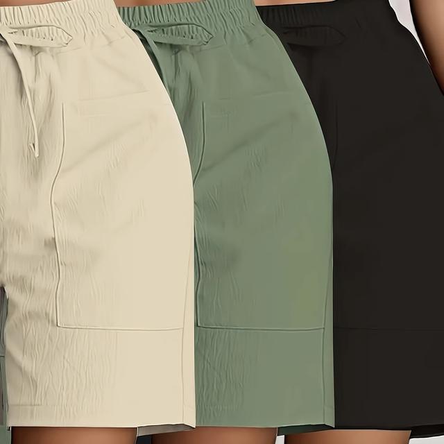 TEMU Conjunto de de shorts casuales de cintura y pierna ancha para mujer, estilo europeo y americano, con cordón simulado y bolsillos.