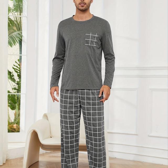 TEMU Men's Spring/autumn Pajama Set With Casual Printed Long Sleeve Round Neck T-shirt And Pants Sleepwear Outfit