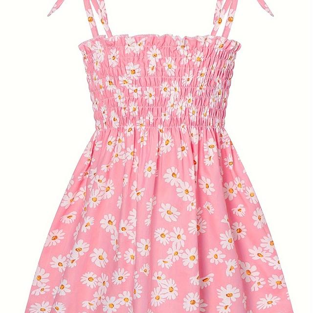 TEMU Adorable Daisy Print Sundress For Girls - Summer Beach Princess Dress With Tie-shoulder Design, Non-stretch Fabric, Machine Washable