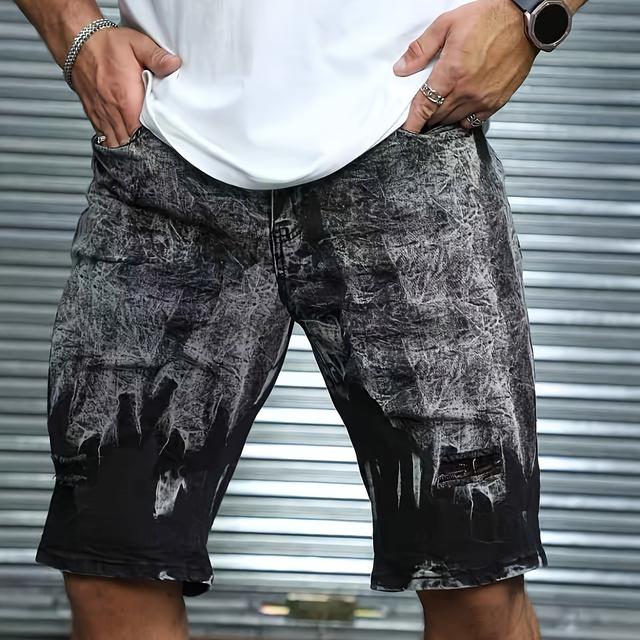 TEMU Plus Size Men's Stretch Denim Mid-pants - Casual Slim Fit With Distressed , Machine Washable, Everyday Denim|slim Fit Pants|durable Fashion, Plus Size Pants, Plus Size