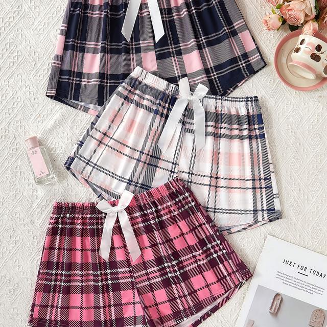 TEMU Women's Elegant Three-piece Home Pajama Set, Minimalist Theme, Comfortable Fabric With A Loose Fit For , Bow- Elastic Waist Shorts, Cozy And Relaxed Sleepwear Lounge Outfit