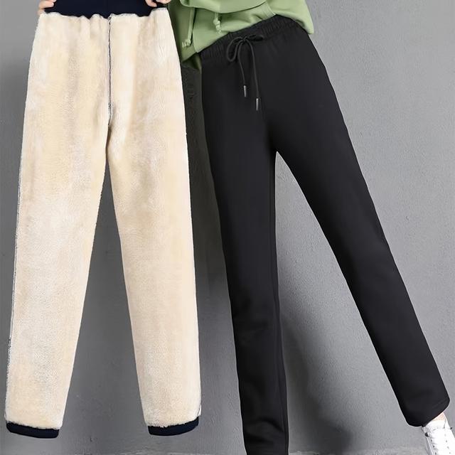 TEMU 여성용 가을/겨울 플리스 안감 솔리드 컬러 캐주얼 팬츠, 신축성 허리밴드 스포츠 바지, 야외 레저 활동, 조깅, 사이클링, 요가에 적합
