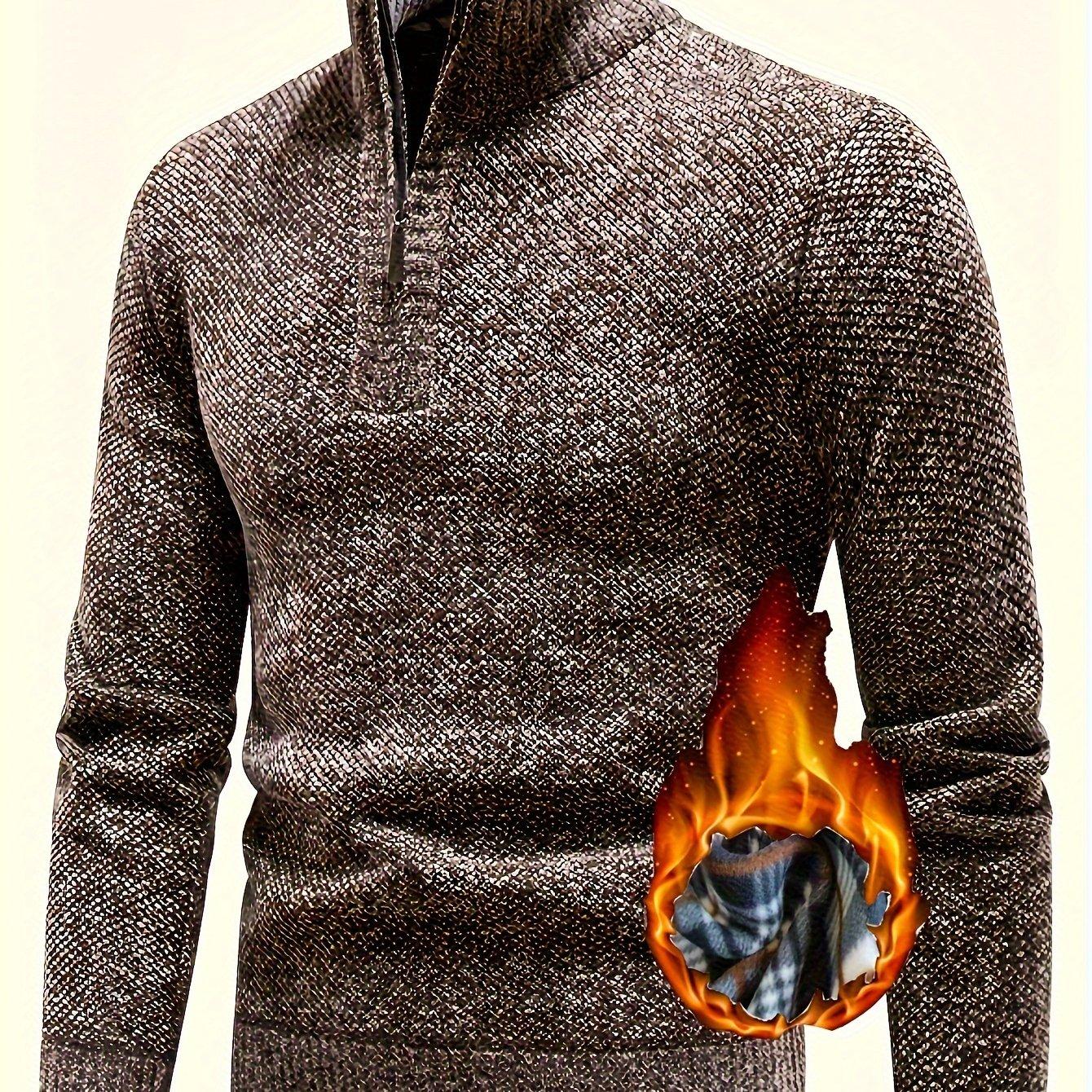 TEMU Autumn/winter Men's Sports Knit Sweater For Outdoor Hiking, Travel, And Cycling, -lined For Warmth, Collar With Short Zipper, Solid Color Pullover