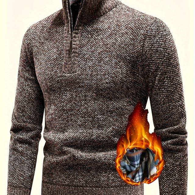 TEMU Autumn/winter Men's Sports Knit Sweater For Outdoor Hiking, Travel, And Cycling, -lined For Warmth, Collar With Short Zipper, Solid Color Pullover