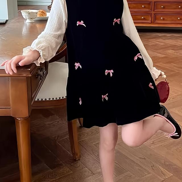 TEMU Girls' Fashionable Hooded Vest Dress With Lining, Elegant Autumn/winter Dress, Stylish Bow Vest Dress For Little Girls