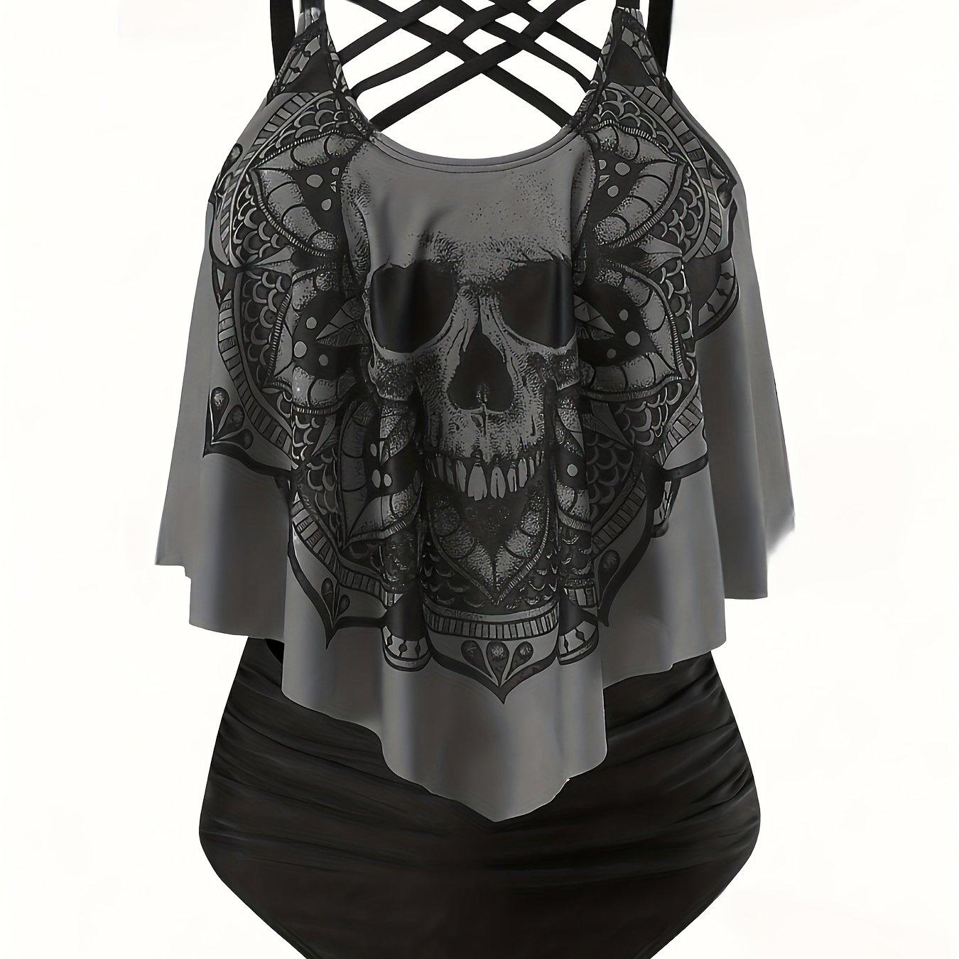 TEMU Plus Size Tankini Set For Women Featuring A Skull Design, Perfect For Halloween, Consisting Of 2 Pieces