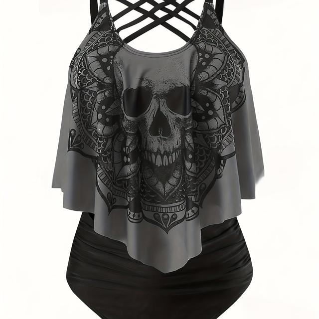 TEMU Plus Size Tankini Set For Women Featuring A Skull Design, Perfect For Halloween, Consisting Of 2 Pieces