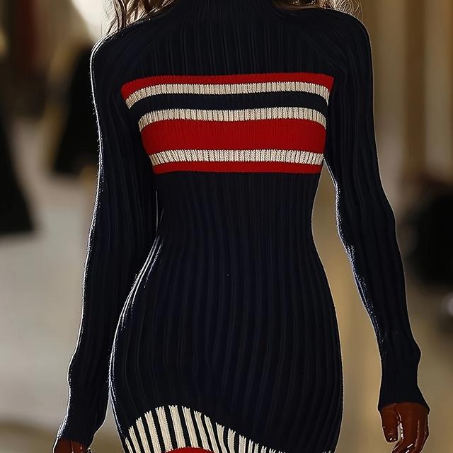 TEMU Gestreiftes Damen-Kleid mit Rundhalsausschnitt und langen Ärmeln, figurbetont