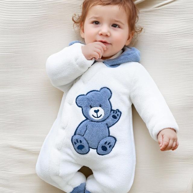 TEMU Infant Romper With Thickened For Autumn And Winter, Featuring A Cute Cartoon Bear Patch Embroidery And Long Sleeves, Suitable For Baby Baptism And Outdoor Wear, For Outdoor