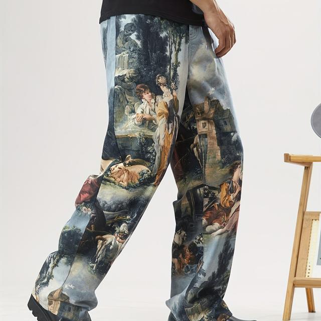 TEMU Men's Casual Wide-leg Faux Denim Pants With Vibrant Floral Print - Comfortable, Non-stretch Fabric, Loose Fit, Wear, Casual Attire, Casual Pants