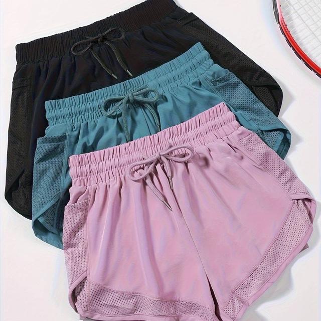 TEMU 3pcs Women's 2-in-1 Yoga Shorts -dry Fabric & Mesh Pockets - High-waisted, Stretchy, Solid Colors For Fitness, Gym, And Casual Wear, Gym Wear | Textured Shorts | Glossy Finish