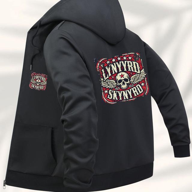 TEMU Men's Casual Hooded Jacket With Lynyrd Graphic Print, Black Zipper Front, Polyester Lining, Machine Washable, Regular Fit & Pockets For Casual Attire, Durable Outerwear