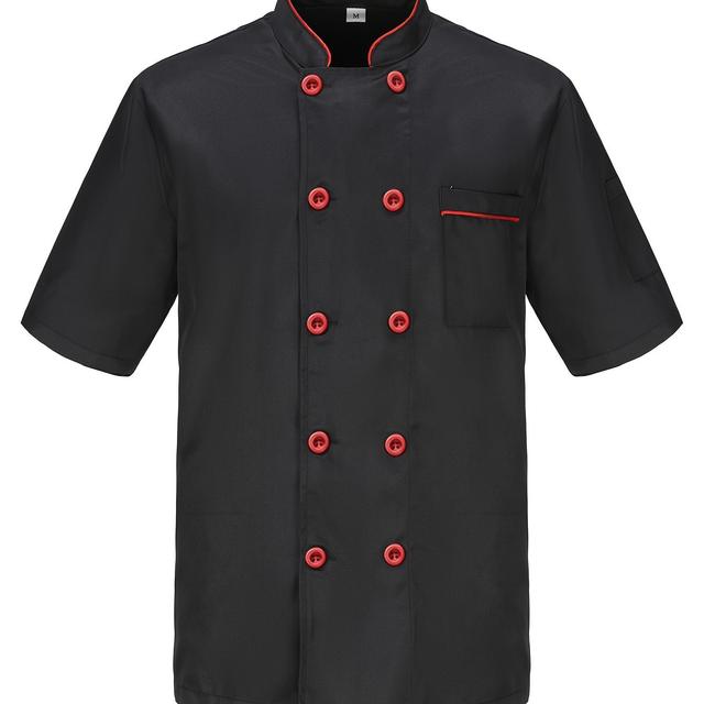 TEMU Men's Short-sleeve Stand Collar Double-breasted Chef Work Uniform, Lightweight Breathable Polyester, Summer , With Pocket, For Kitchen Baking Cake Shop Staff