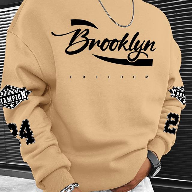 TEMU 남성용 스웨트셔츠, 미국 브루클린 'FREEDOM' 레터 프린트, 부드러운 폴리에스터 소재, 세탁기 사용 가능, 아웃도어 스포츠, 캐주얼 웨어 및 쇼핑에 적합