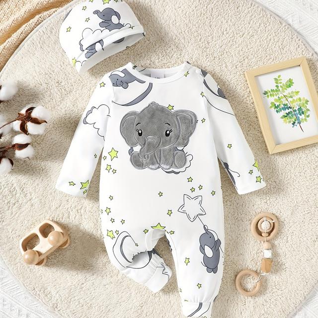 TEMU Popular Autumn And Winter Baby Boys And Children's Elephant Full Print Elephant Jumpsuit+hat [targeted Development], Perfect For Outdoor