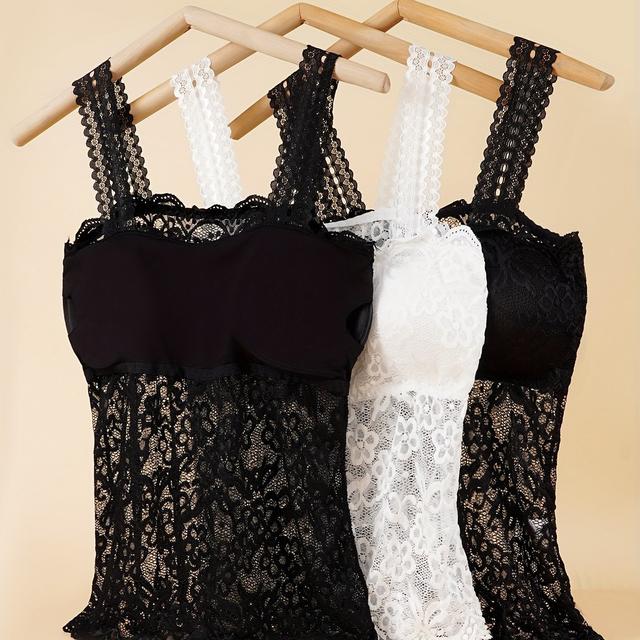 TEMU 3pcs Women's Sexy Lace Camisole Tank Top With Padded Bra, Mid-length Spaghetti Strap Summer Undershirt And Bodycon Top