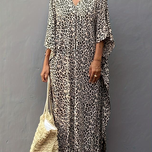 TEMU Women's Plus Size Leopard Print Graphic Cover Up Dress, Beach Kaftan, Women's Swimwear & Clothing