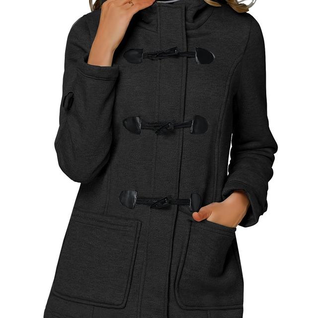 TEMU Stylish Women's Pea Coat With Horn Buttons, Front Zipper, Hood, Long Sleeves, Thick And High-quality Winter Coat