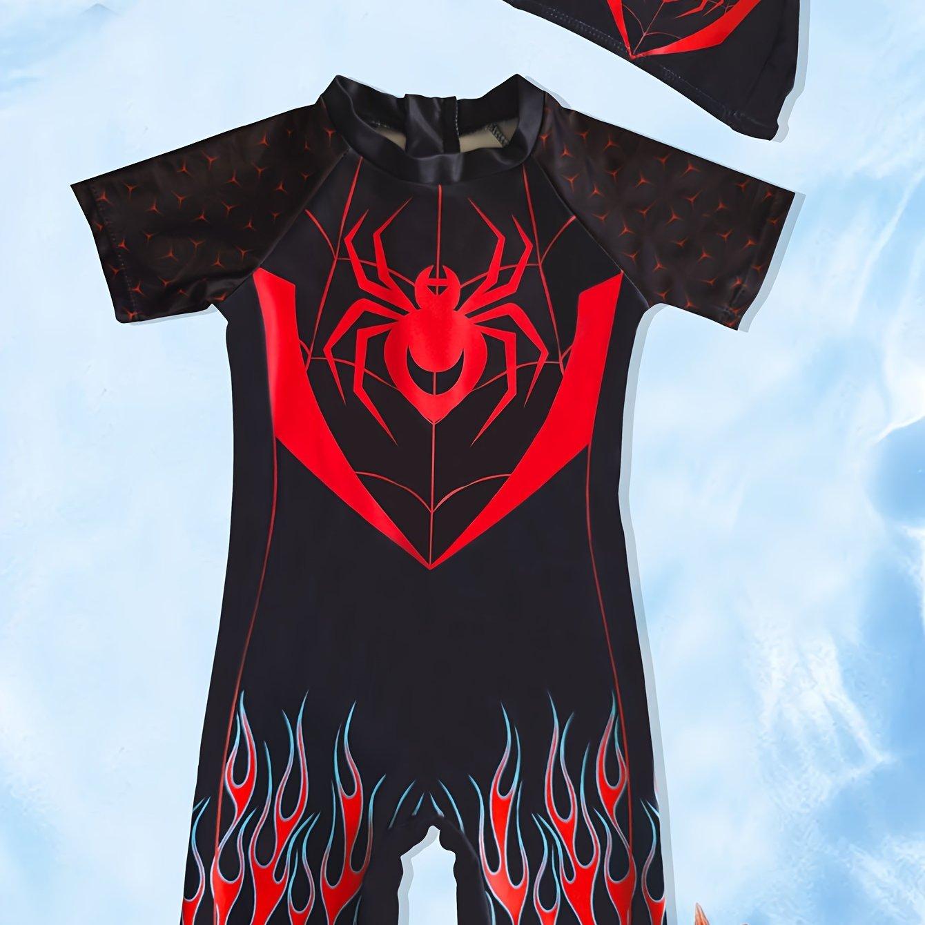 TEMU Boys' Short-sleeve Spider Flame Print Zip-up Swimsuit With Cap, Stylish And Casual, Perfect For Water Parks, Pools, , Seaside, , And Vacations