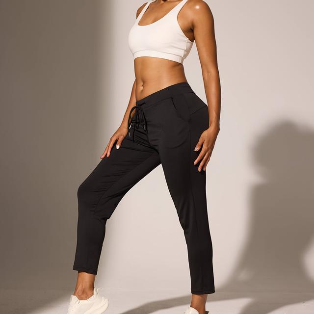 TEMU Women's High-elasticity Casual Sports Pants With Drawstring Waist - Black, Comfortable & Breathable For Wear, Gym, Or Casual Attire, Gym Pants, Trousers, Smooth Texture Trousers