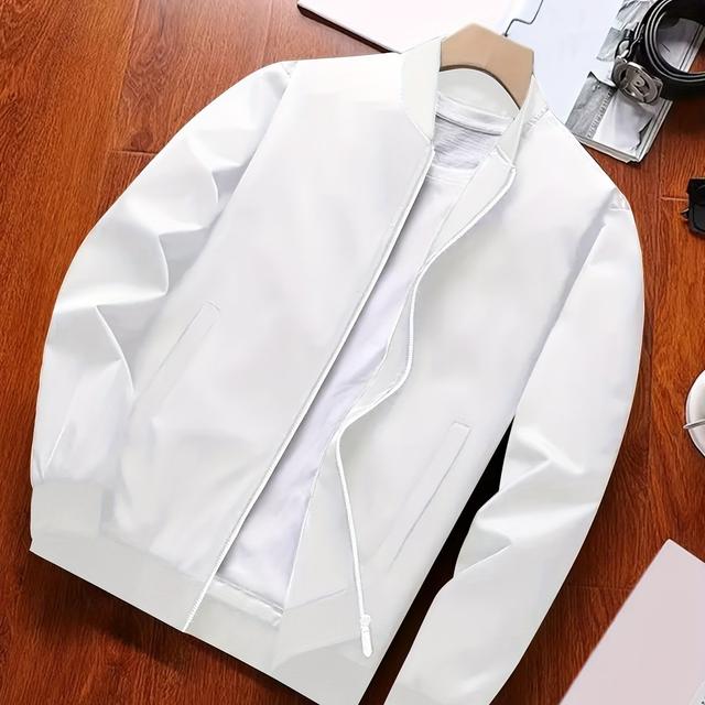 TEMU Herren Freizeitmode Varsity Jacke - Polyester, Maschinenwaschbar, Rundhalsausschnitt, Einfarbig, für Herbst/Winter