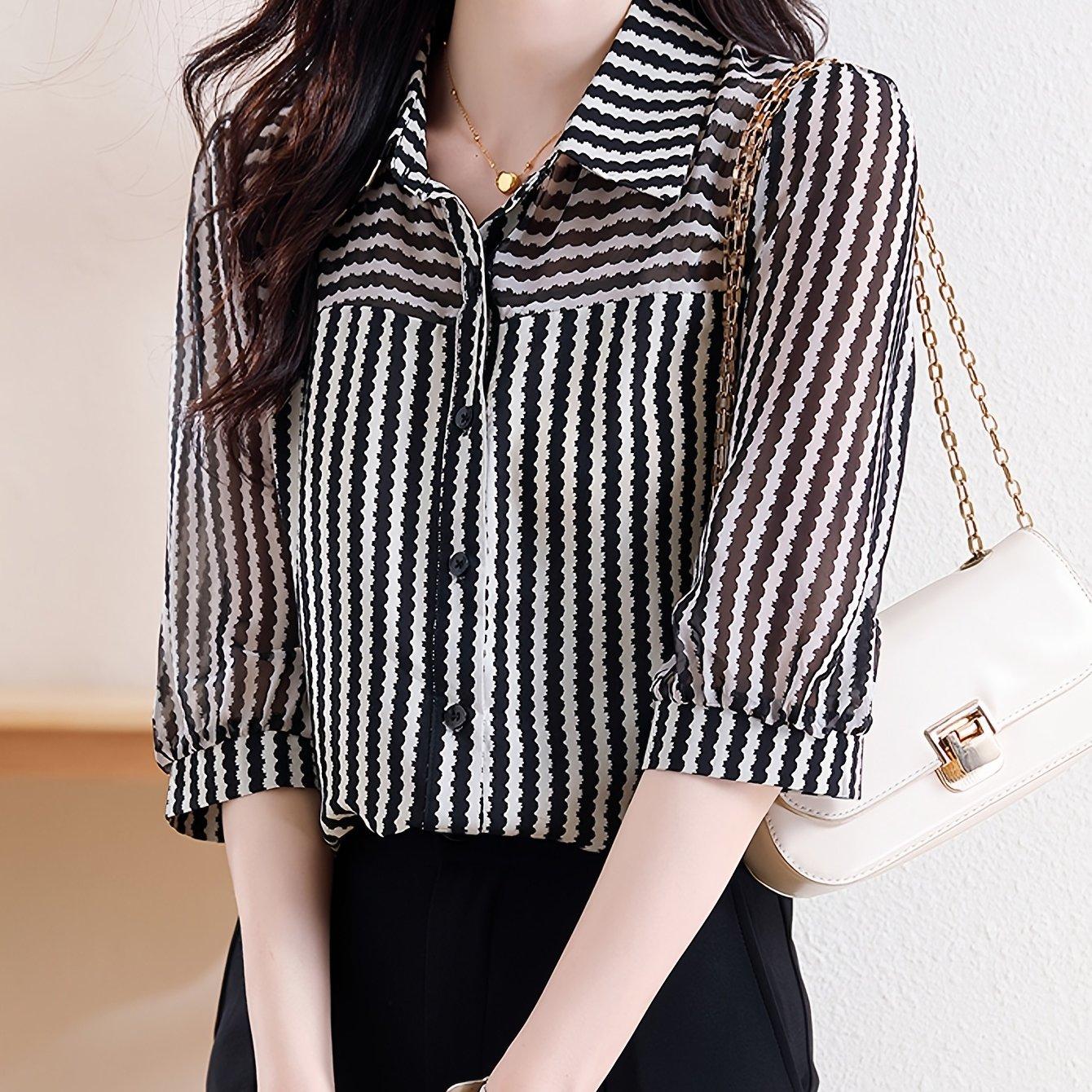 TEMU French Striped Short Sleeve Shirt Women's Niche Fashion Commuter Versatile Top