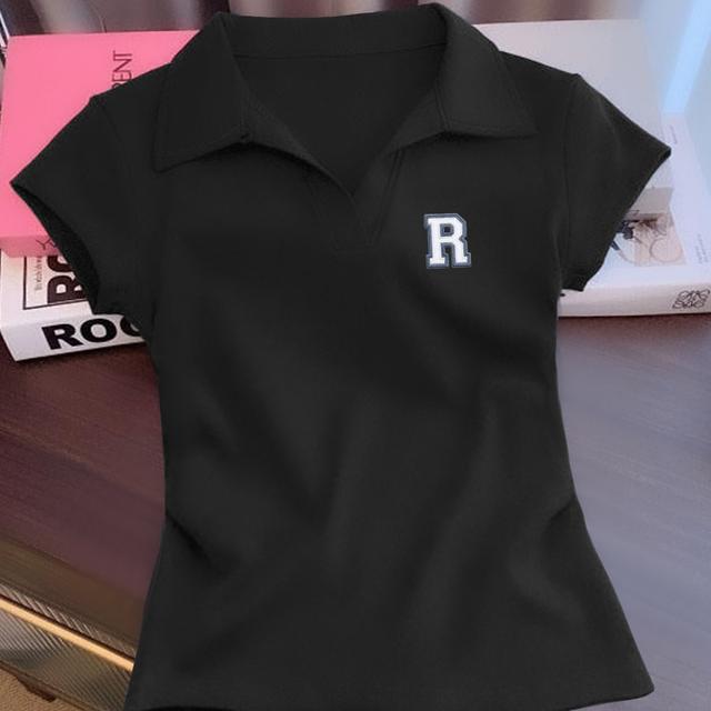 TEMU Camisa ajustada de cuello en V para mujer - Manga corta, tejido elástico y transpirable, con logotipo negro, ropa deportiva casual para verano, ropa deportiva transpirable | Diseño elegante |