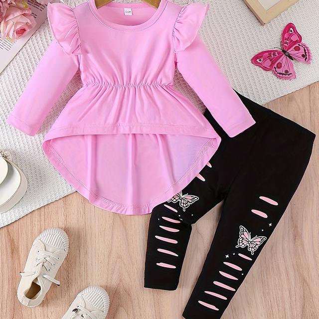 TEMU 2pcs Baby' Color Peplum Top + Print Pants, Toddler & Infant Girl's Clothing Outdoor Set