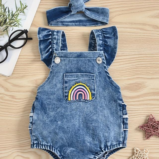 TEMU Cross-border Infant And Toddler Girls' Denim Rainbow Print Romper Bib + Headscarf Two-piece Set, For Outdoor