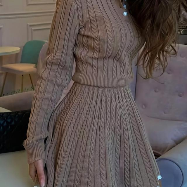 TEMU Two-piece Set In Multiple Colors: Women's Collared Outfit Featuring A Cable- Long Sleeve Top And A Pleated Skirt, Perfect For A Sweet And Spicy Style