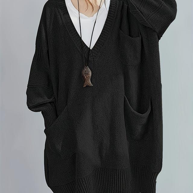 TEMU Plus Size - Plus Size - Women's Loose-fitting, Mid-length Sweater With A V-neck In A Relaxed Style