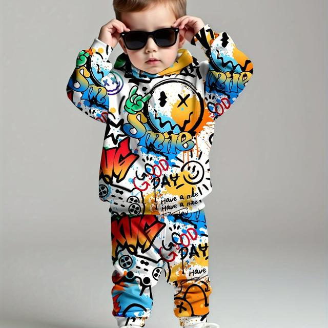 TEMU European And American Boys Autumn And Graffiti Print Hoodie + Print Trousers Two-piece Set