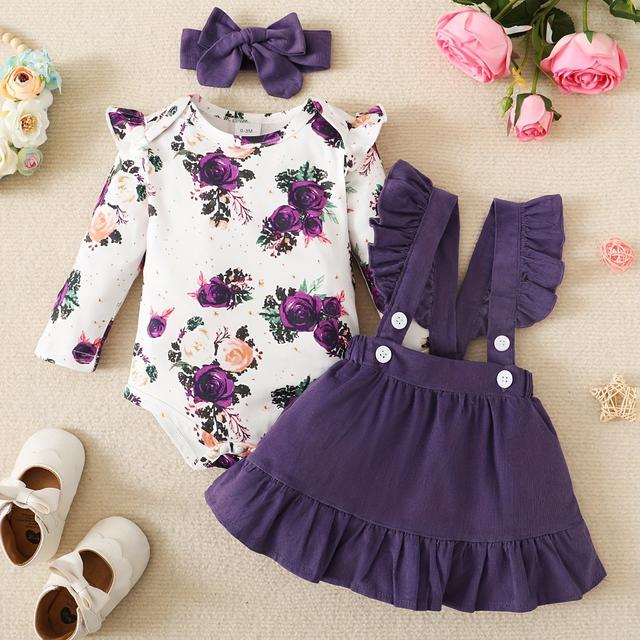TEMU Baby Girls Floral Print Long Sleeve Casual Top + Solid Suspender Skirt + Headband Casual Three-piece Set Outdoor Clothing