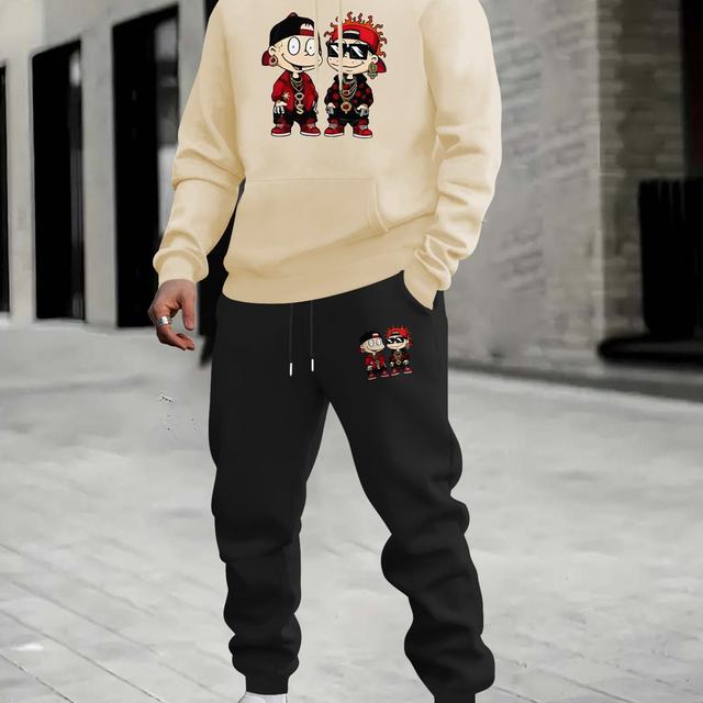 TEMU 2 قطعة من مجموعة بدلة رياضية بوليستر كاجوال للرجال ، قميص من النوع الثقيل بأكمام طويلة مقنع وبنطلون رياضي ، بدلة رياضية مطبوعة عصرية ، مقاس عادي ، مع تمدد طفيف ، لفصل / الشتاء