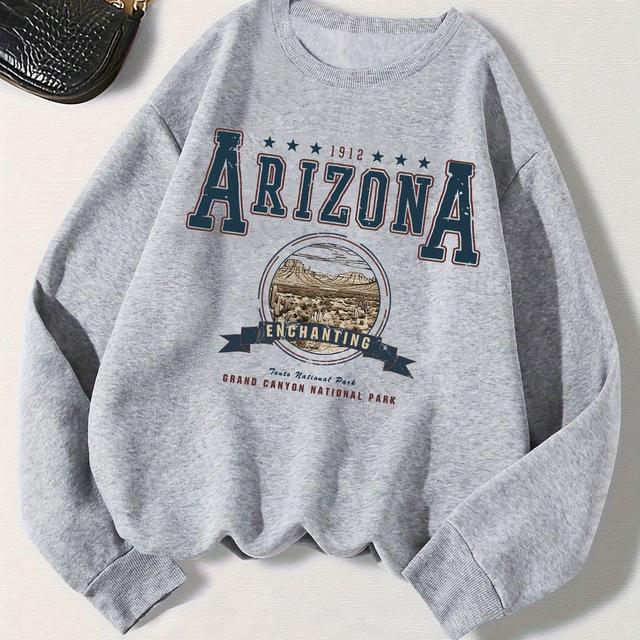 TEMU สเวตเชิ้ตคอกลมลายกราฟิก Arizona สำหรับผู้หญิง - ดีไซน์วินเทจ 1910 ที่ระลึก & "อุทยานแห่งชาติแกรนด์แคนยอน", นุ่มอุ่นสบายสำหรับฤดูใบไม้ร่วงและหนาว, ซักเครื่องได้, แฟชั่นออทัมน์, สไตล์สตรีทแวร์