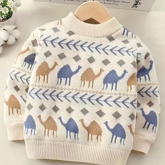 TEMU Kids Animal Pattern Pullover Sweater - Casual Crew Neck Knitted Top With Camel Motif, Polyester Blend Fabric, Medium Stretch, Fall/winter Collection For Children Over 3 Years Old