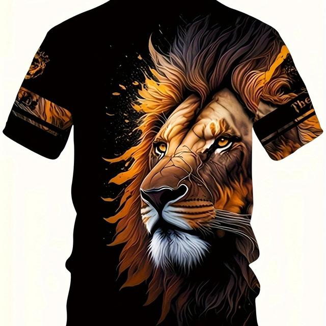 TEMU Men's 3d Lion Print T-shirt - Vibrant Orange & , Casual Short Sleeve Crew Neck, Polyester Blend, Machine Washable, Durable For & Sports, Plus Size, Plus Size