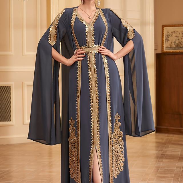 TEMU Two-piece Set: Fashion Embroidered Vest With Waist Cincher And Long Skirt + Cardigan With Sequins And Split Long Sleeves