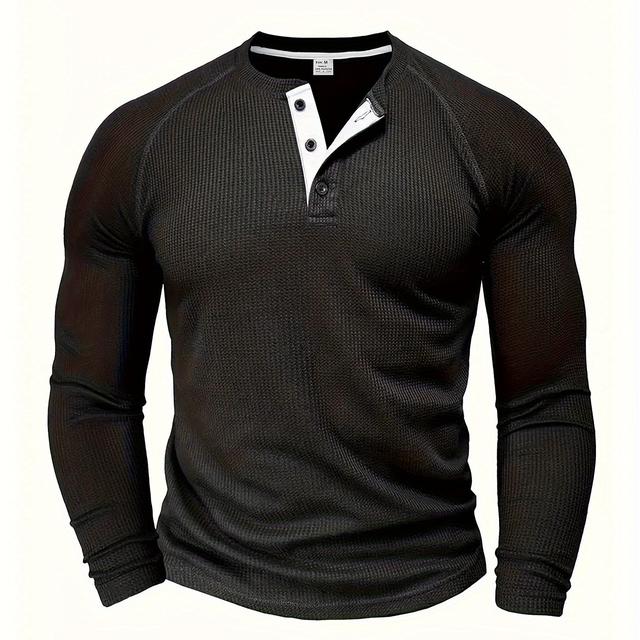 TEMU T-shirt à manches longues pour homme, col rond, style ouvert, pull Henley, chemise unie pour homme, haut polyvalent et tendance