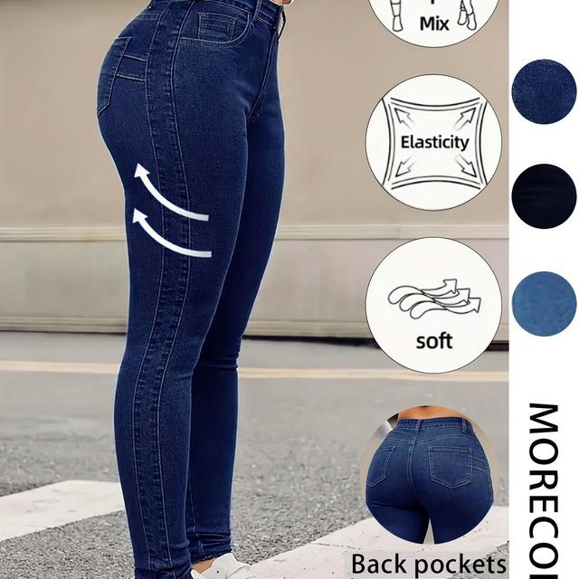 TEMU 2025 New Arrival Plus Size High-waisted Stretch Jeans For Women - Fit, Fabric, Casual Solid Color Skinny Pants, , High Waisted Jeans, Comfortable Streetwear, Minimalist Style, Durable Fabric