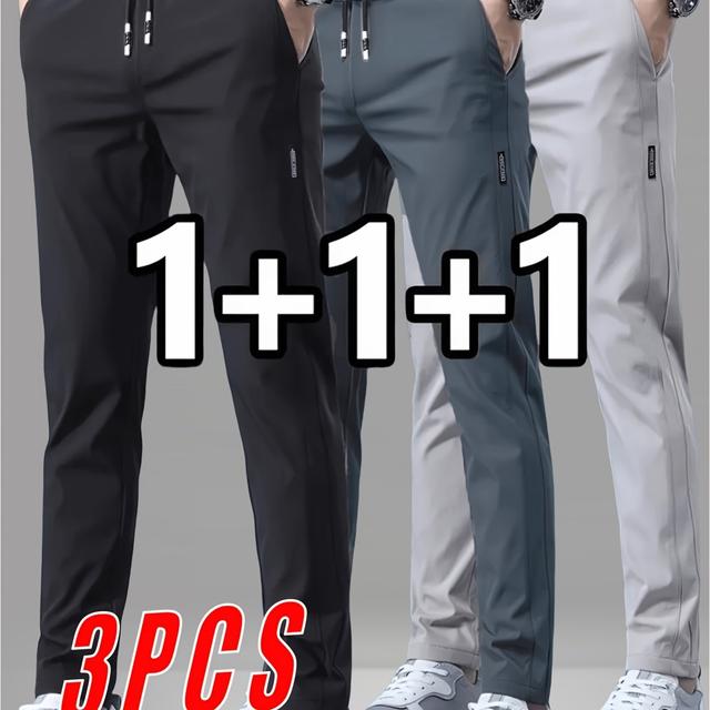 TEMU 3pcs Men's Lightweight Business Casual Straight-leg Pants With Elastic Drawstring Waist - Breathable Non-stretch Fabric For Office, Outdoor & Running - Black/medium/gray