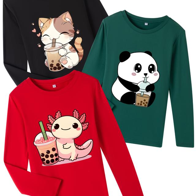 TEMU Un ensemble de t-shirts à manches longues pour garçons et filles, élégants et décontractés, avec des imprimés tendance de chats et de pandas, fabriqués à partir d'un tissu et confortable.