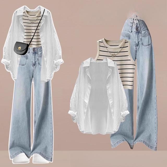 TEMU 夏用ビッグサイズ レイジーウィンドスーツ レディース 気品ある日焼け止めシャツ ストライプベスト ハイーズジーンズ