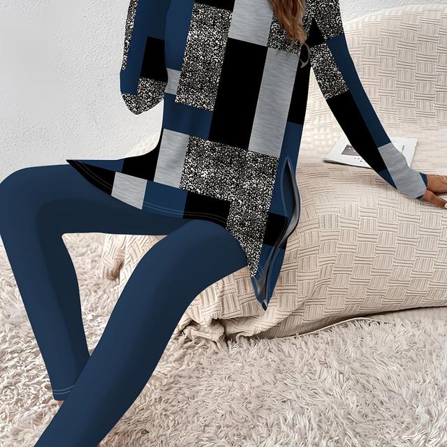 TEMU Spring And Autumn Blue Gray Black Pattern Long Sleeve Set