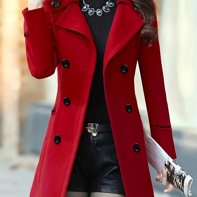 TEMU معطف فليس طويل ضيق بالطراز الكوري للنساء لفصل والشتاء باللون الأحمر