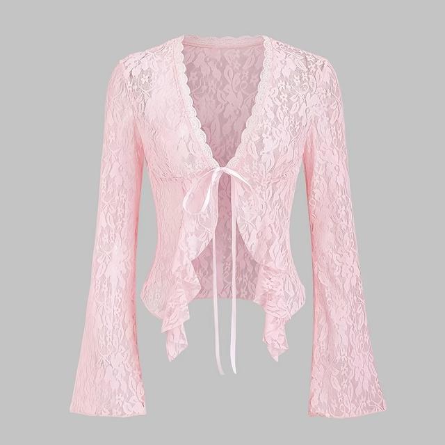 TEMU 2026 Lace Bell Sleeve Cardigan For Women With A Tie V-neck, Short Outerwear, Featuring A French Sweet And Spicy Style, Sexy , And