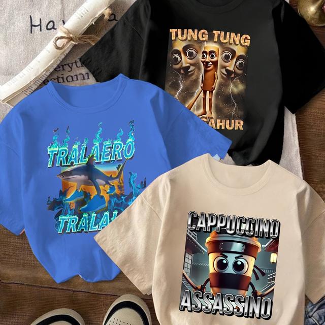 TEMU Three-piece Set Tx72085 Boys' Tung Tung & Cappuccino Assassin & Tralalero Tralala Cartoon Print Fashionable Trendy Casual T-shirt
