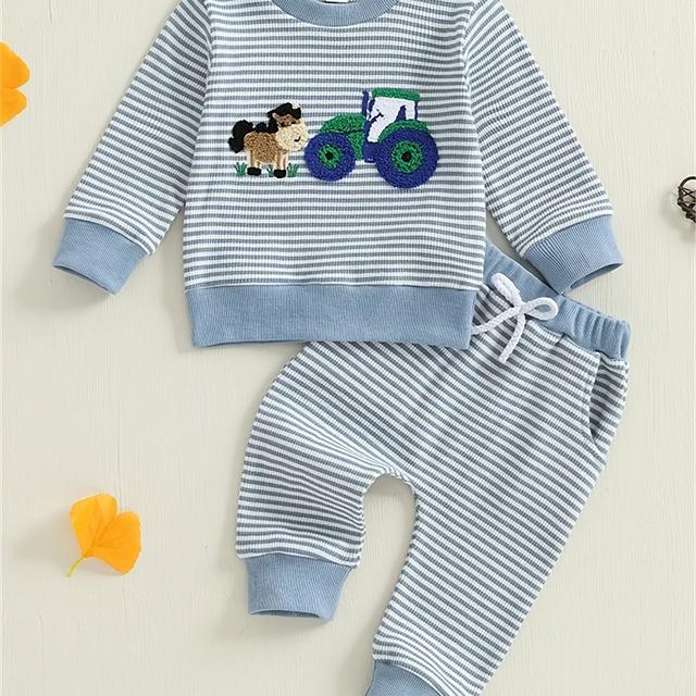 TEMU Boys' Cartoon Car Embroidered Round Neck Long Sleeve Striped Sweatshirt + Elastic Waist Pocketed Stripe Pants Sport Set, Perfect For Outdoor